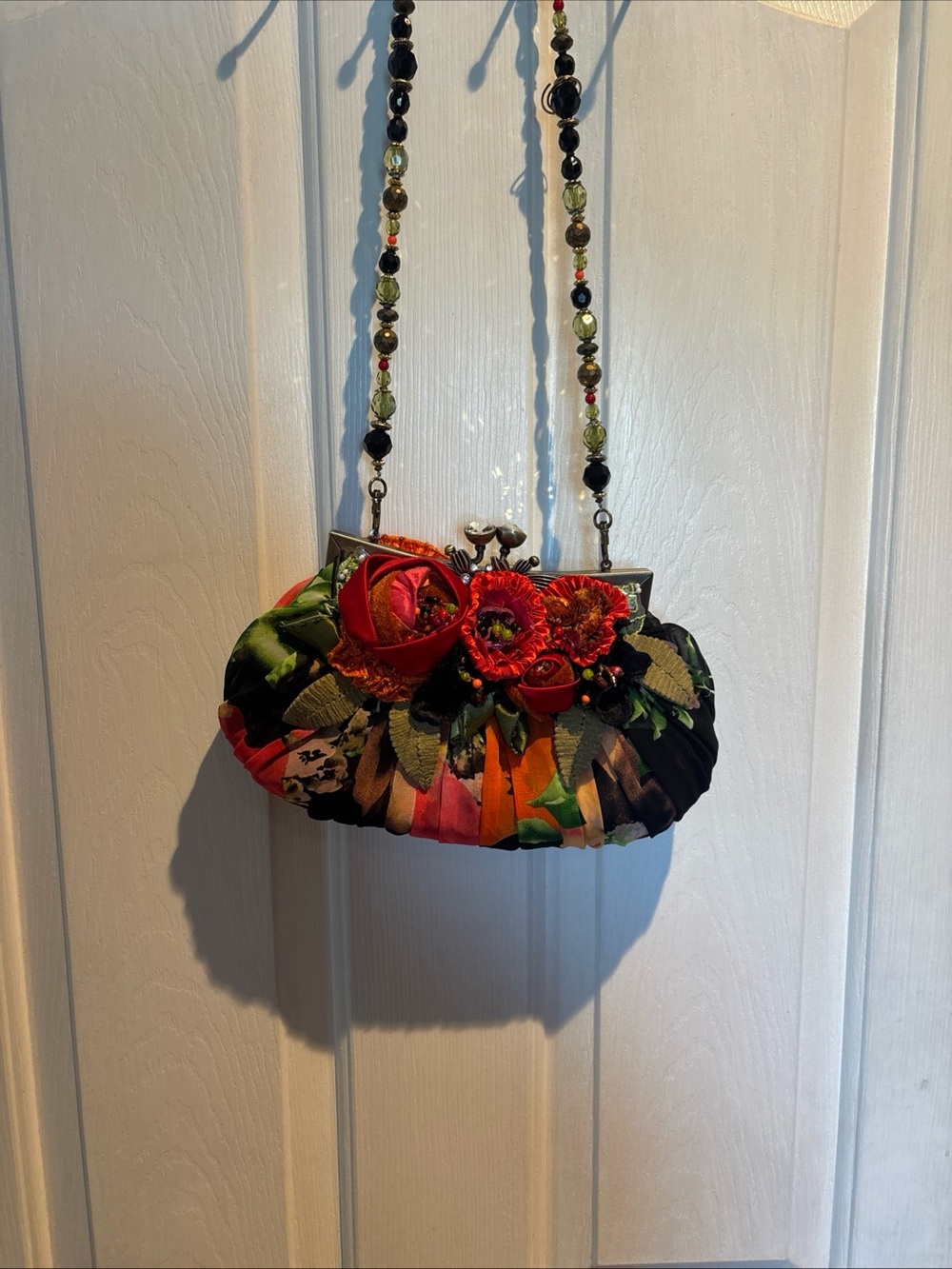 Mary Frances Red Green Multicolor Floral Beaded Strap Clutch